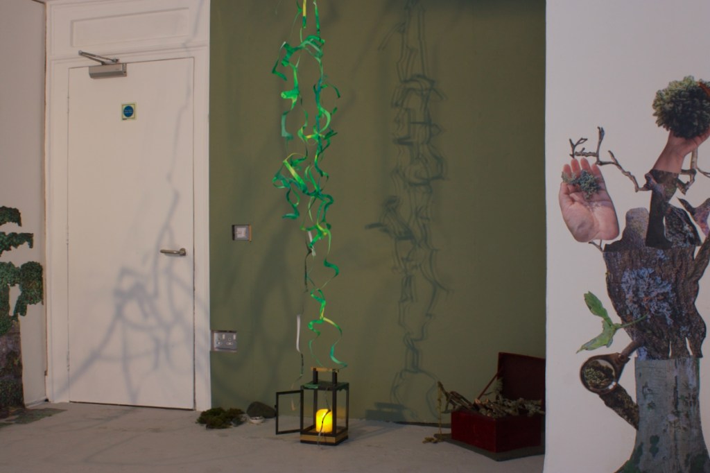 Small wheatpaste mural of oak tree collaged with hands. Velvet box full of lichen sticks and lantern with bright green twisted paper against a desaturated olive-green wall, casting gently twisting shadows.