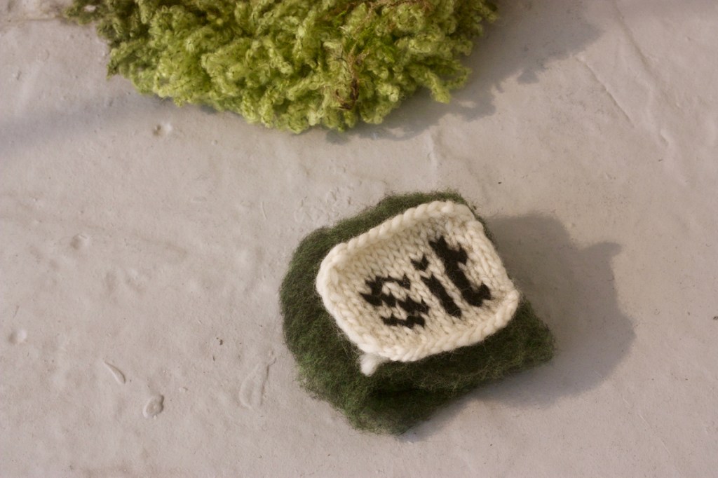 Knitted black text on cream background which says 'sit'. This rests on top of green wool.