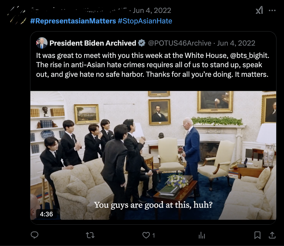 Quote-tweet of archived Biden admin post about BTS visiting the White House with the hashtags #RepresentasianMatters #StopAsianHate